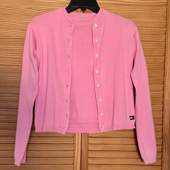 Vintage TOMMY HILFIGER Y2K Pink Cardigan Set Xs S M 90s Baby Tee Cropped - Picture 3 of 17